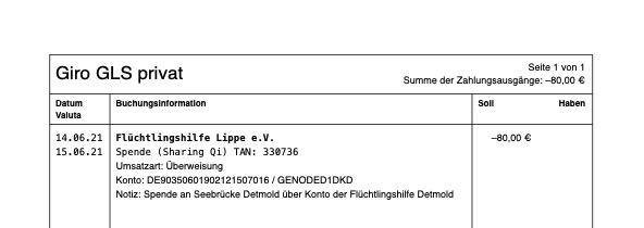 Kontoauszug aus dem Bankingprogramm - Spendenbescheinigung folgt